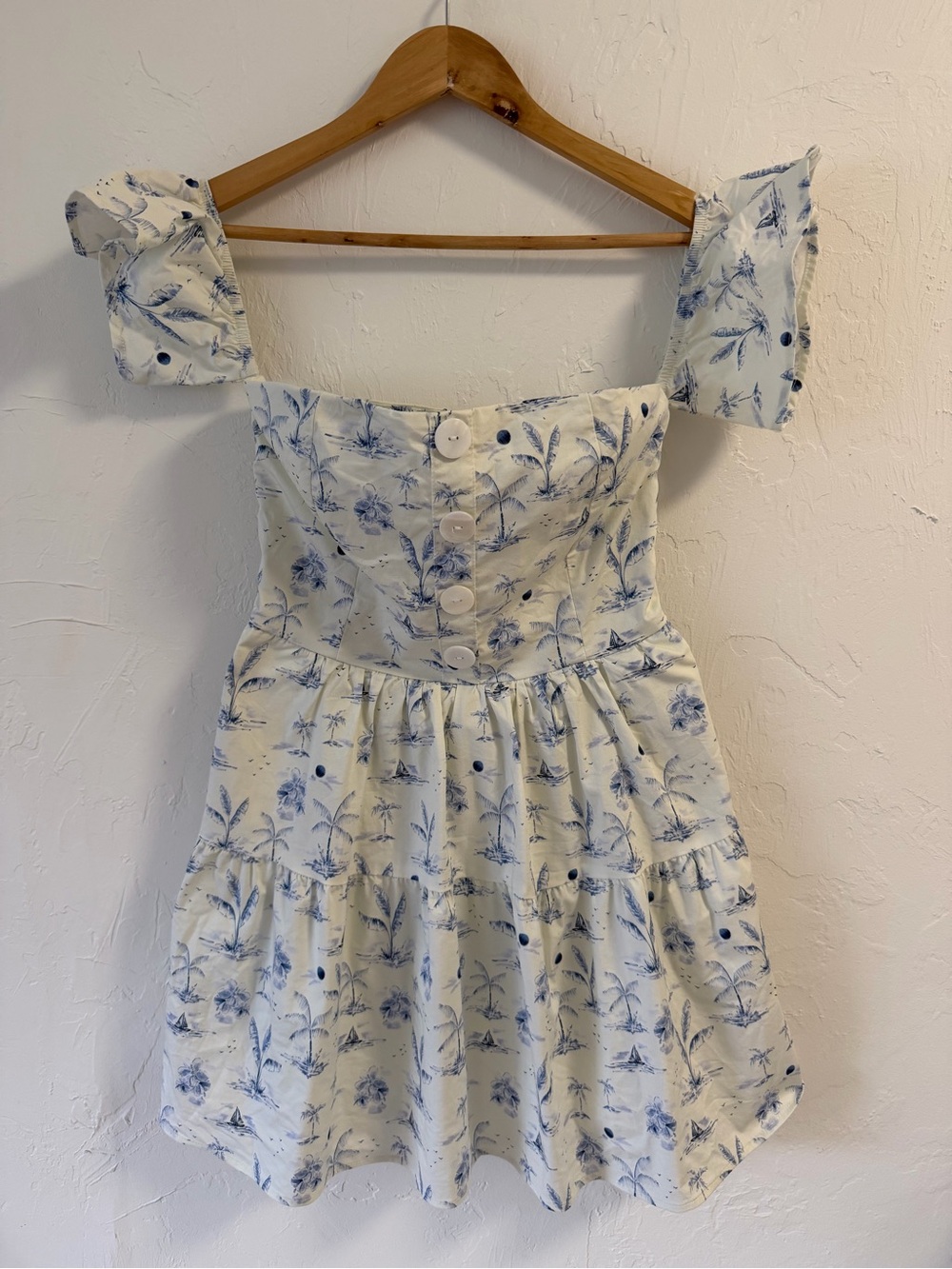 Shore Tropical Toile Off Shoulder Mini Dress Blue White Size L